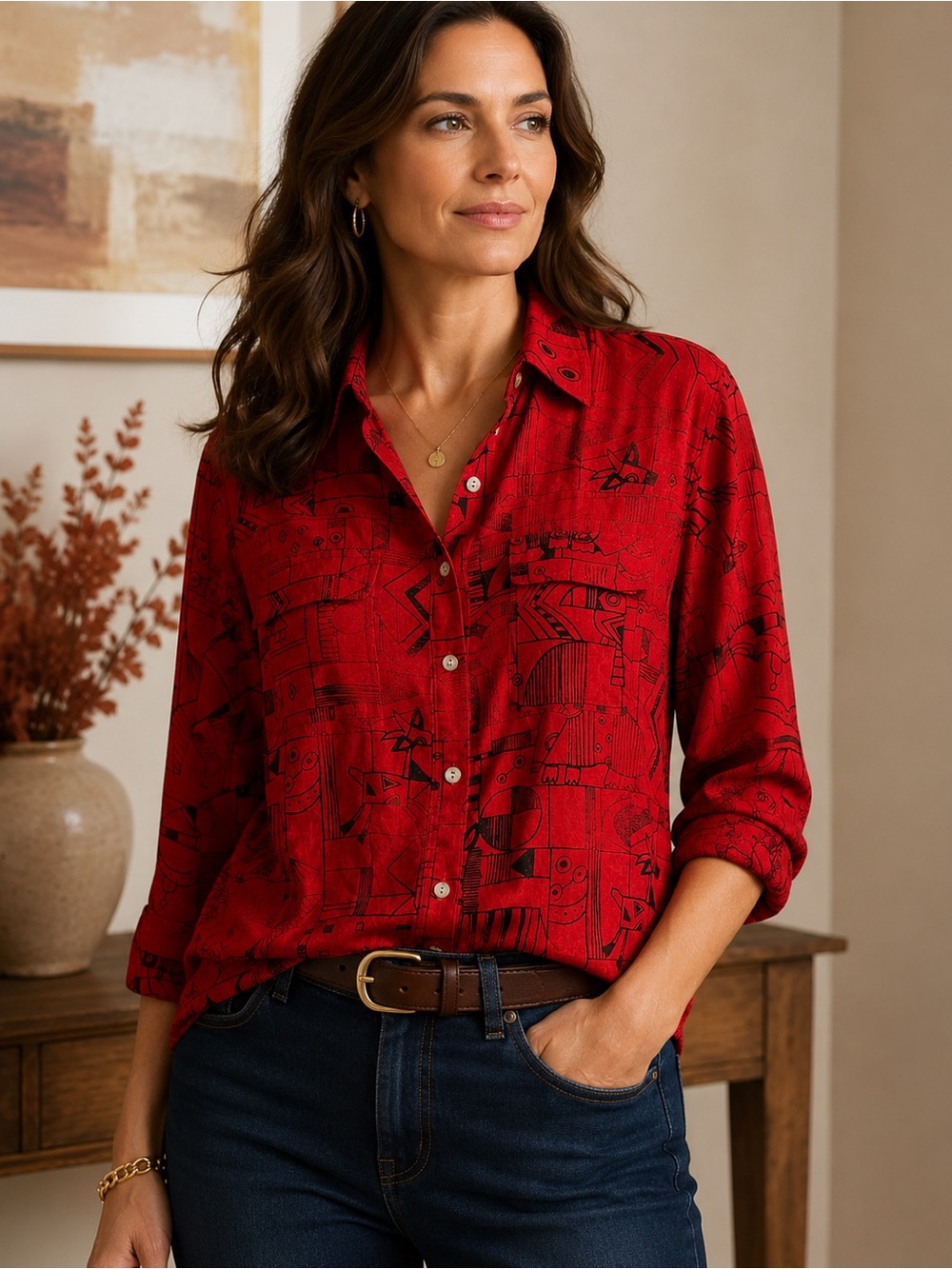 Vintage Chico’s 100% Silk Red Black Abstract Graphic Button Down Blouse Sz 1